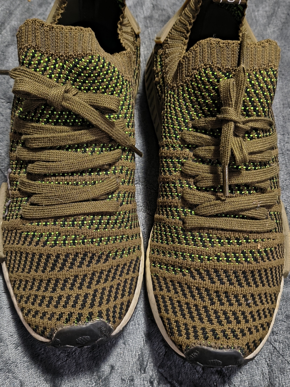 adidas Men's Olive Knit Sneakers with Neon Green Accents